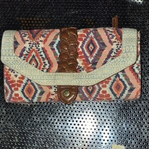 Woven Aztec Print Clutch Wallet with Brown Trim
